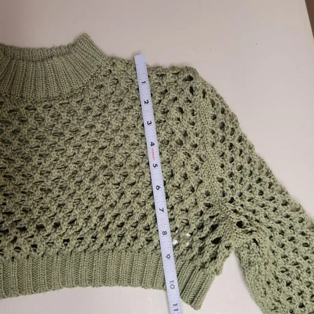 Cropped‎ Sweater Fish Knit Size Large Olive Green Cover Up Crochet Club